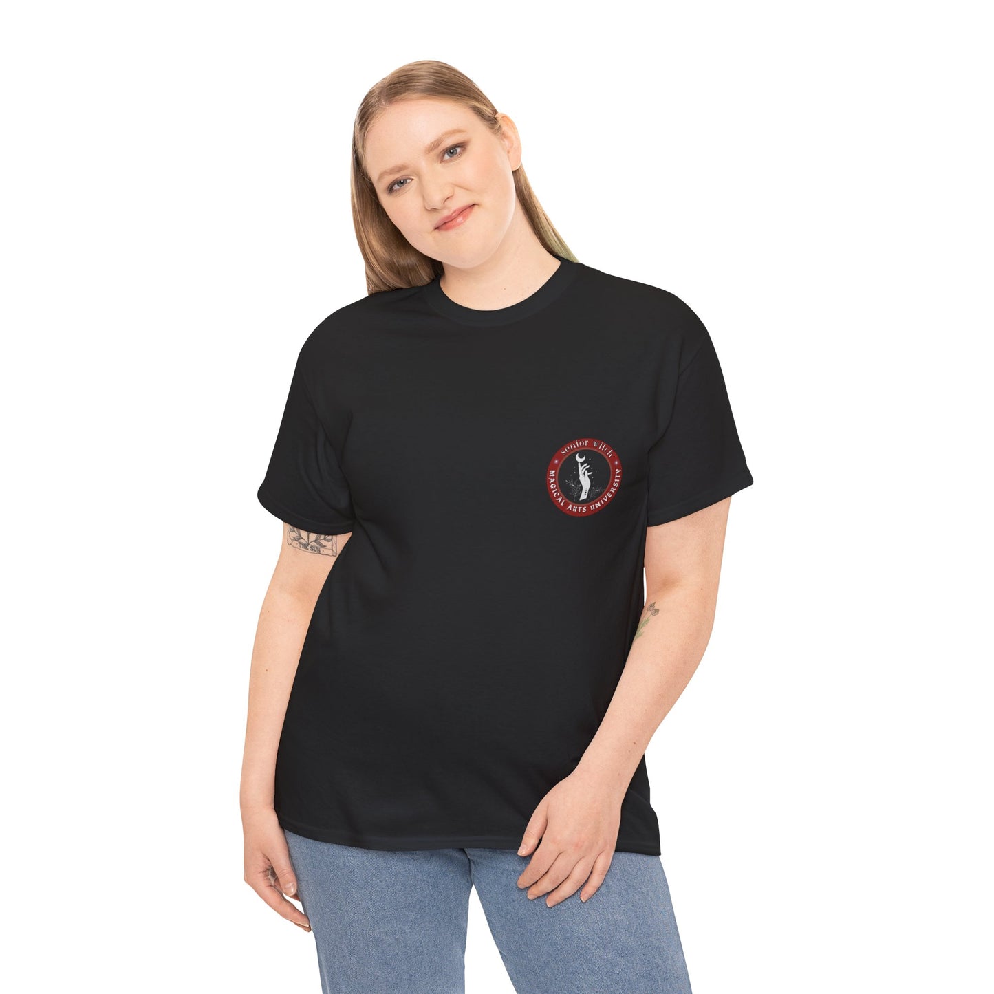 Senior Witch printed badge/Emblem front Unisex Heavy Cotton Tee