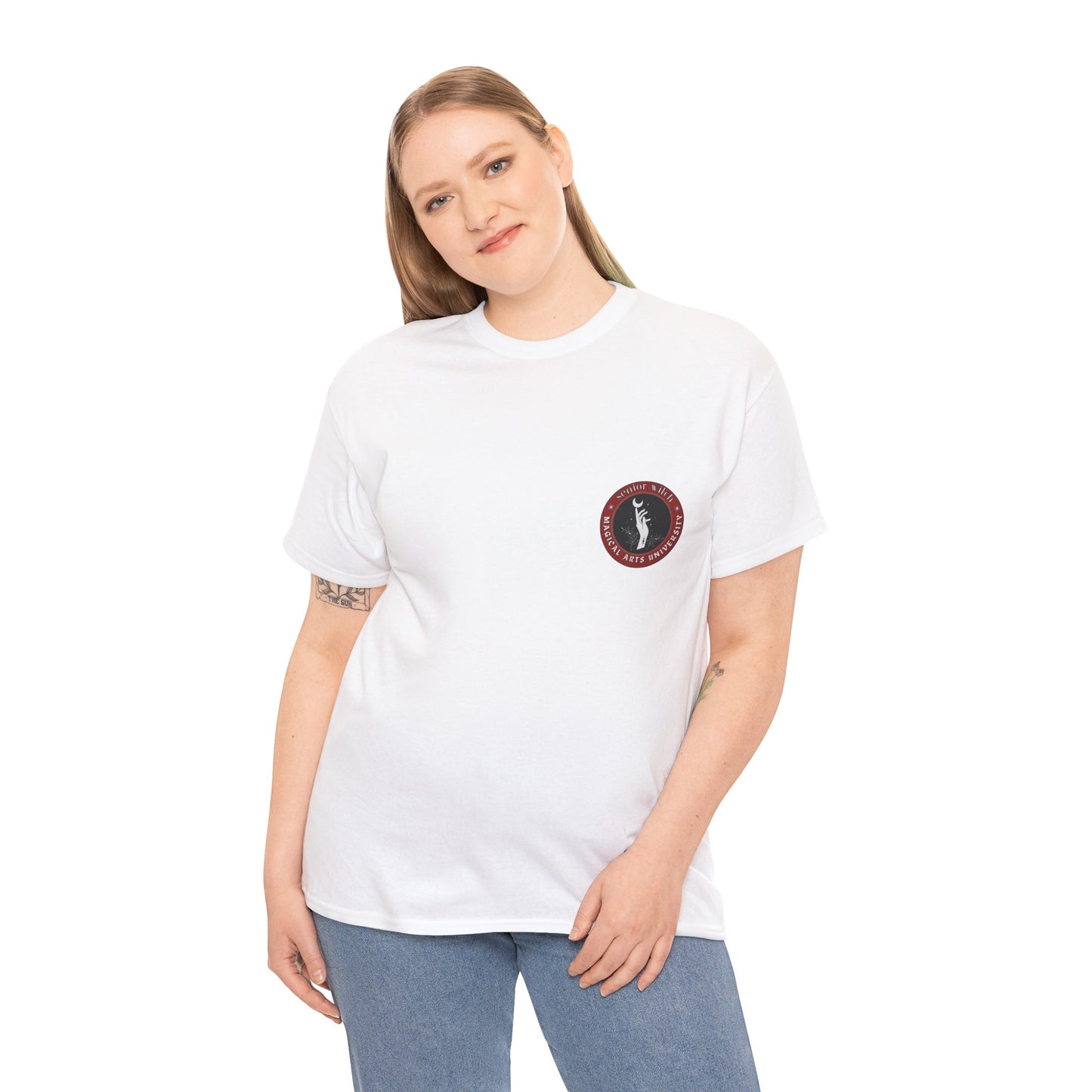 Senior Witch printed badge/Emblem front Unisex Heavy Cotton Tee