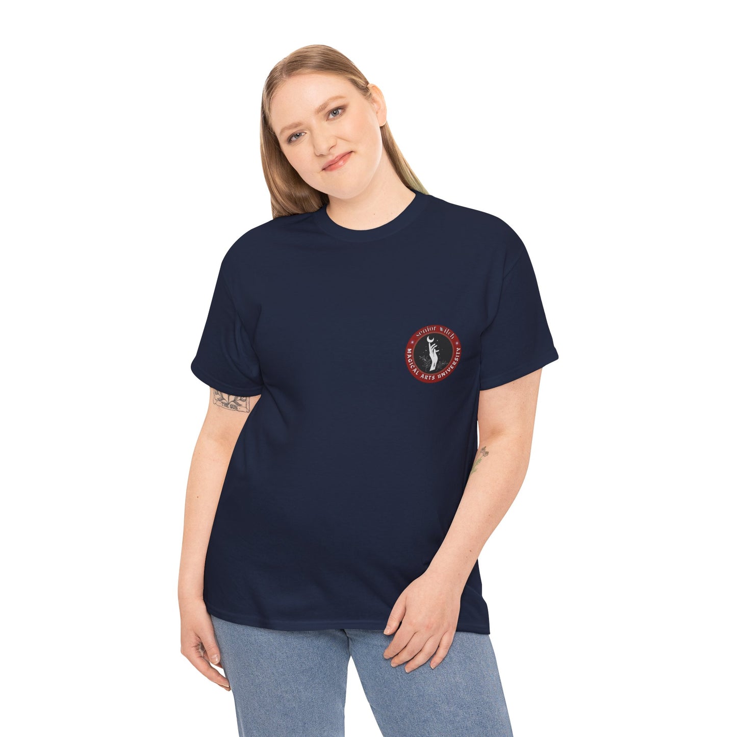 Senior Witch printed badge/Emblem front Unisex Heavy Cotton Tee
