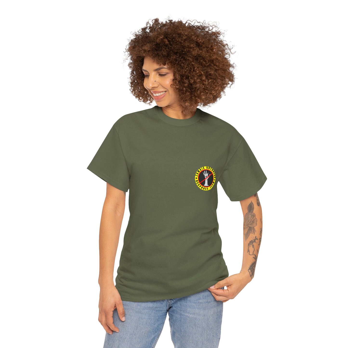 Zombie Outbreak - Response Team (model E) printed badge front/back Unisex Heavy Cotton Tee