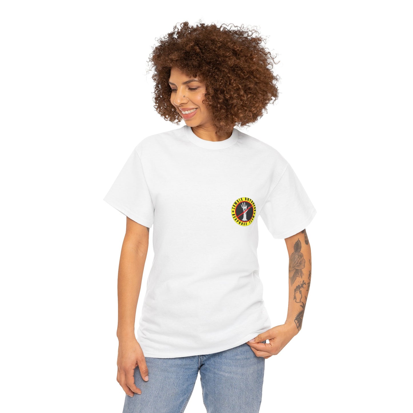 Zombie Outbreak - Response Team (model E) printed badge front/back Unisex Heavy Cotton Tee