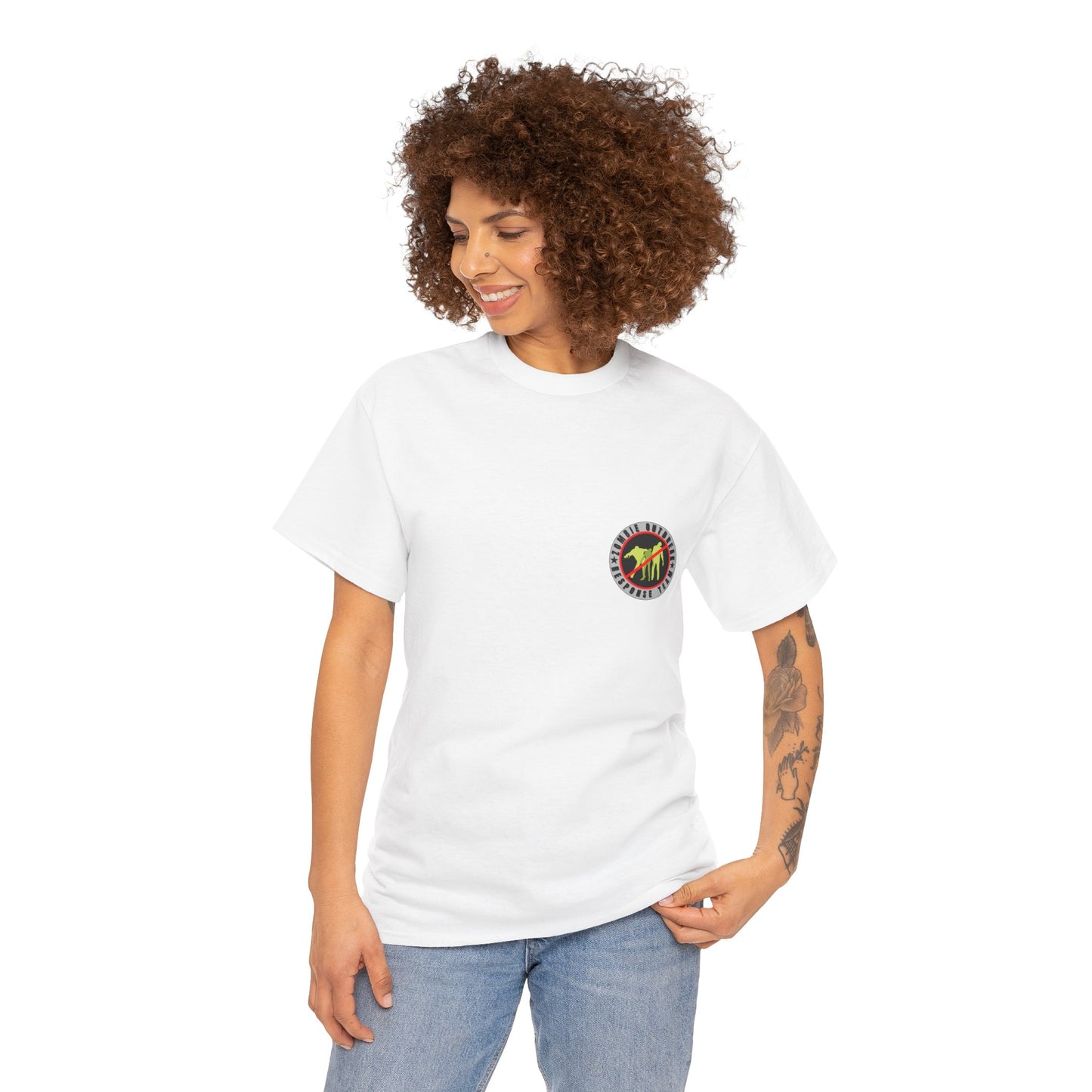 Zombie Outbreak - Response Team (model D) printed badge Front/Back Unisex Heavy Cotton Tee