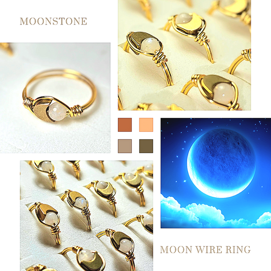 Moon and moonstone wire golden ring