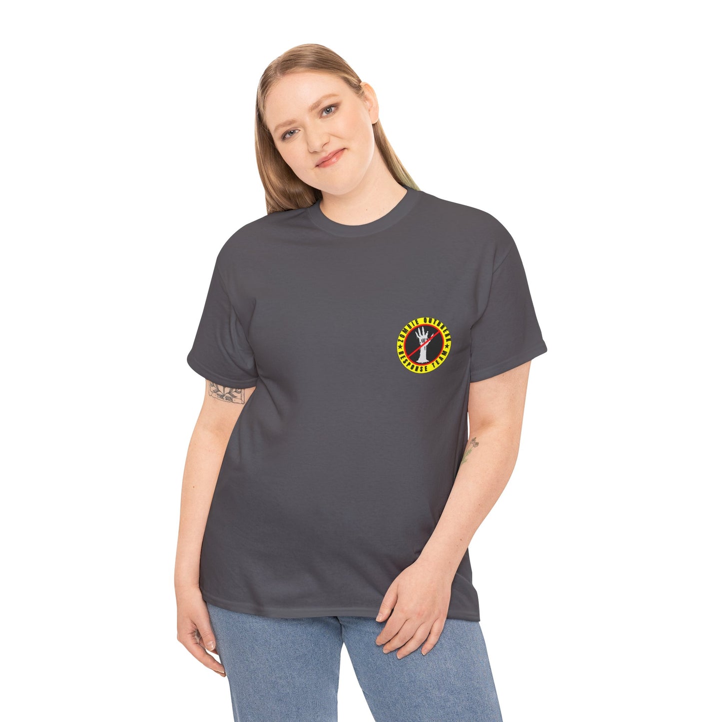 Zombie Outbreak - Response Team (model E) printed badge front/back Unisex Heavy Cotton Tee